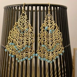 NWOT Lisi Lerch Filigree Statement Seed Beaded Earrings - Gold & Turquoise Blue